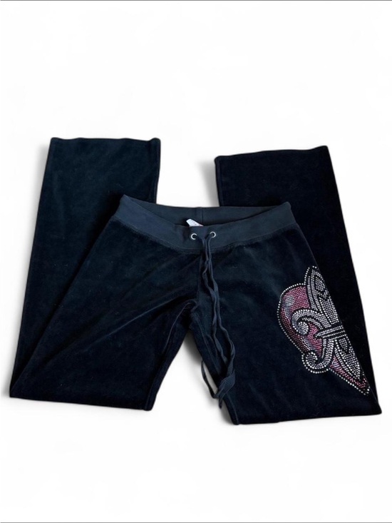 Ankh Royalty Pants - Ankh Royalty Y2K Black Velour Rhinestone Fleur De Lis Track Pants Women Small